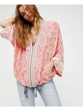 Free People Pink Coral Floral Kimono Jacket Zip Front Boho Festival Lightweight